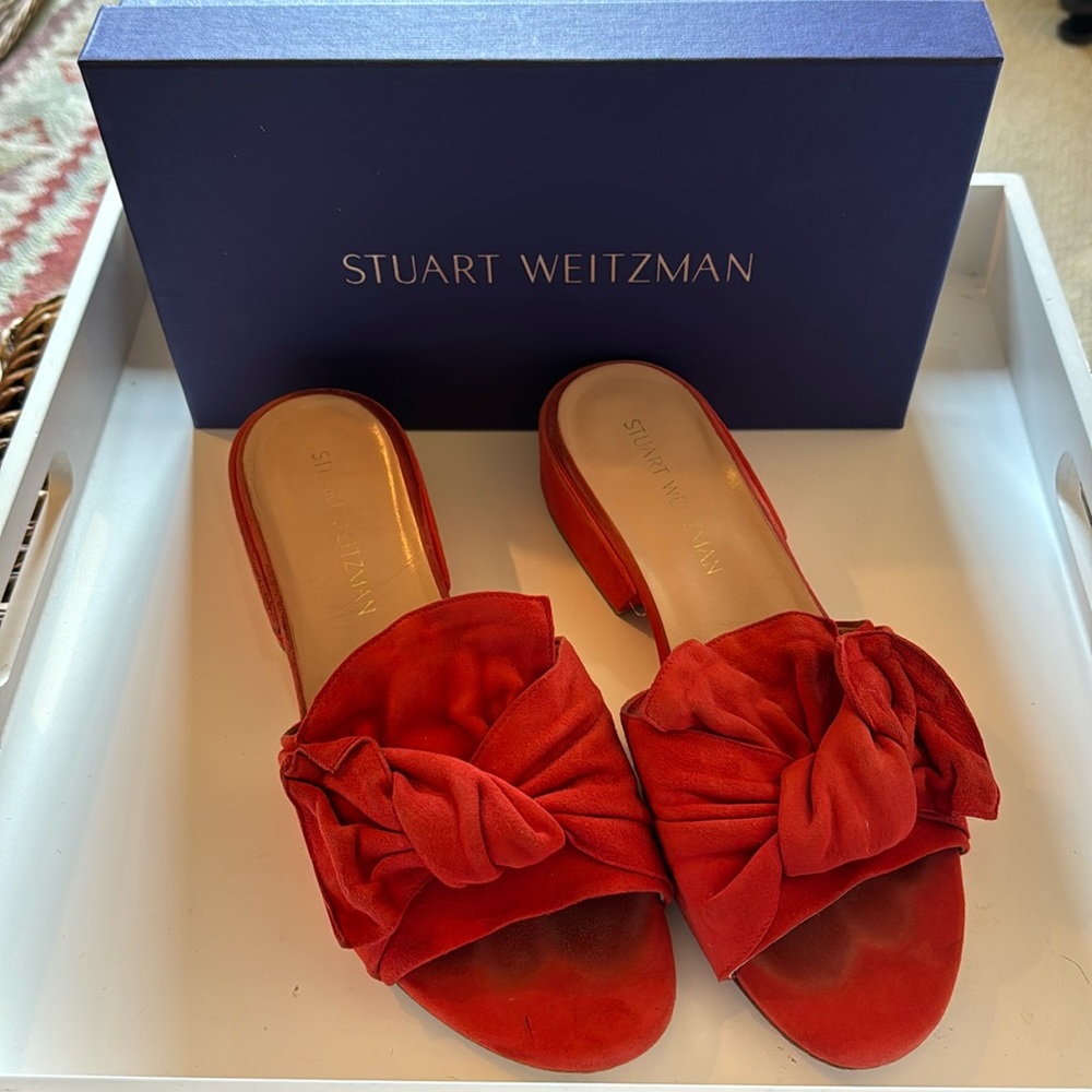 Stuart Weitzman Giftwrap Slides in Red Suede